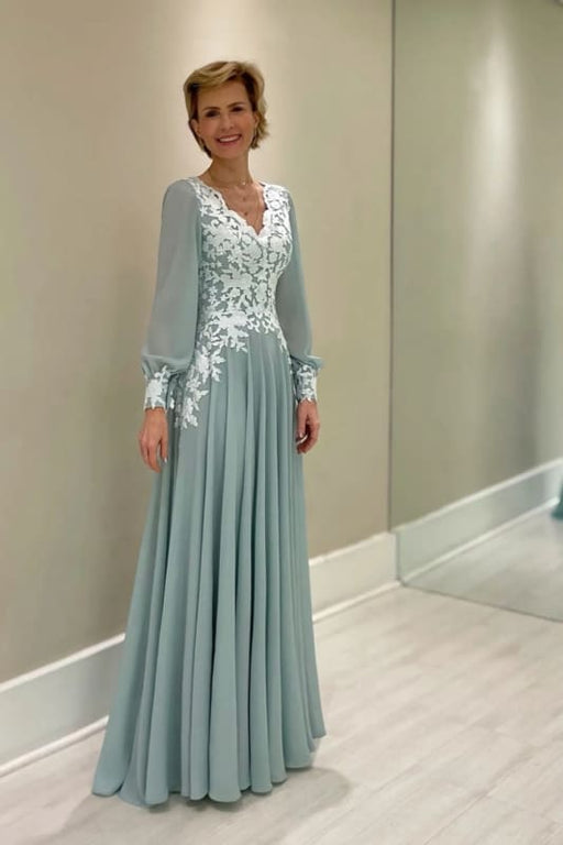 Dusty Sage Aline Chiffon Mother of the Bride Dress Long Sleeves with Appliques - Prom Dresses