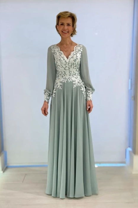 Dusty Sage Aline Chiffon Mother of the Bride Dress Long Sleeves with Appliques - Prom Dresses