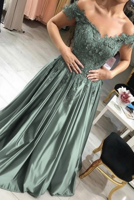 Dusty Sage Off-the-Shoulder Lace Applique Satin Aline Evening Dresses