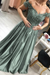 Dusty Sage Off-the-Shoulder Lace Applique Satin Aline Evening Dresses