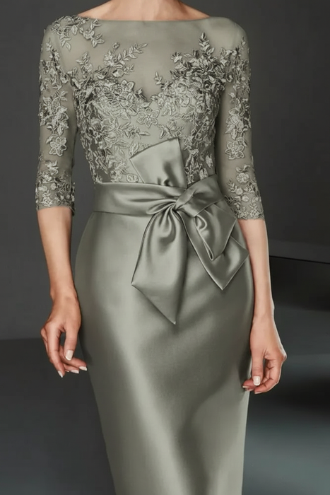 Dusty Sage Bateau 3/4 Long Sleeves Satin Mother of the Bride Dresses with Lace - Prom Dresses