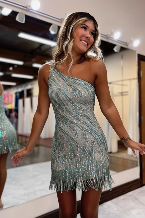 Dusty Sage Bling One Shoulder Sequins Short Homecoming Dress Party Dresses