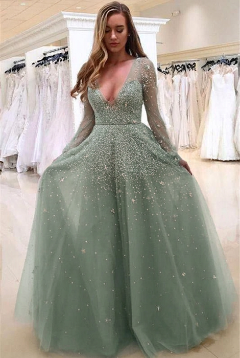 Dusty Sage Bridelily A-line Long Sleeves V-neck Floor-length Tulle Pearls Prom Dresses