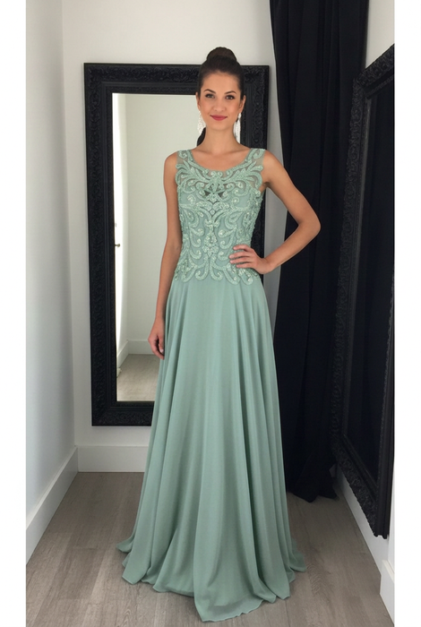 Dusty Sage Chiffon A-Line Prom Dress Scoop Neck with Lace Appliques