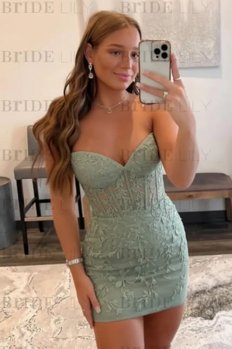 Dusty Sage Strapless Beaded Short Lace Prom Dresses Sweetheart Tight Homecoming Dresses