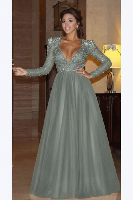 Dusty Sage Elegant Long Sleeve Formal Dress with Beads A Line Sparkle V Neck Evening Dresses - Prom Dresses