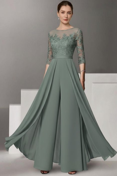 Dusty Sage Half Sleeves Chiffon Mother of Bride Jumpsuit with Appliques - Prom Dresses