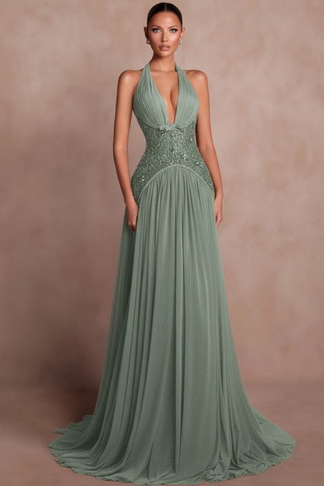 Dusty Sage Halter Aline Evening Dress Glitter Chiffon Prom Dress with Sequins