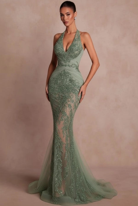 Halter Dark Green Mermaid Prom Dress Glitter Sequins Evening Gown