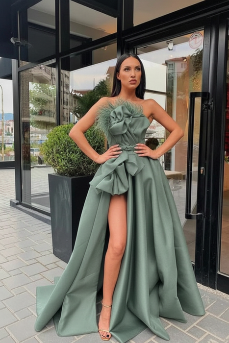 Dusty Sage Raven Feather Split Long Prom Gown