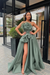 Dusty Sage Raven Feather Split Long Prom Gown