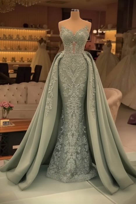 Dusty Sage Chic evening dresses long lace Prom dresses - Prom Dresses