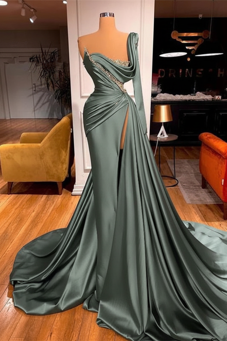 Dusty Sage One Shoulder Mermaid Prom Dress Beaded with Split