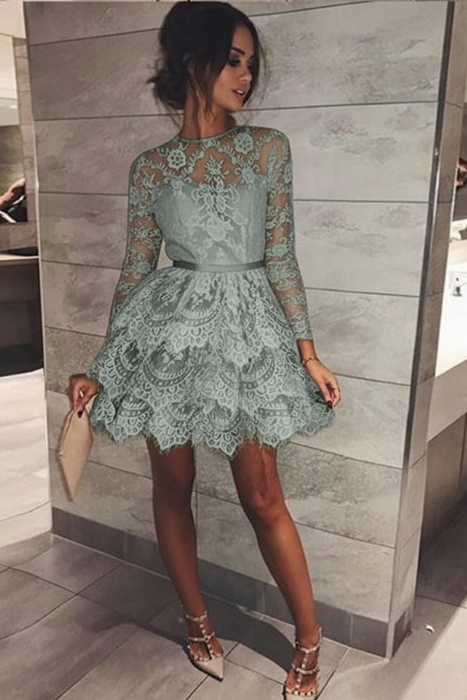 Dusty Sage Mini Long Sleeve Jewel Homecoming Cute Sweet 16 A-line Lace Cocktail Dress - Prom Dresses