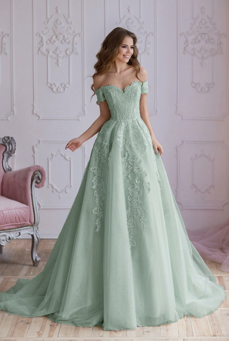 Off Shoulder Lace Prom Dress - Dusty Sage