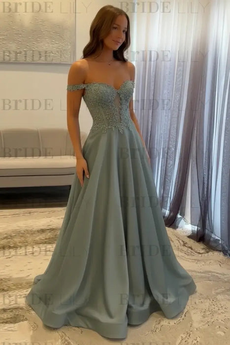 Dusty Sage Off-the-Shoulder A-line Evening Dress Lace Prom Dress Long