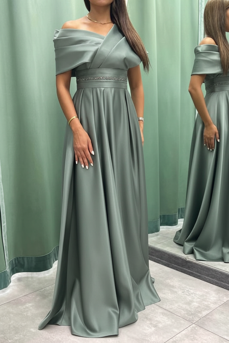 Dusty Sage Elegant Off-the-Shoulder Long Evening Dress Pleated