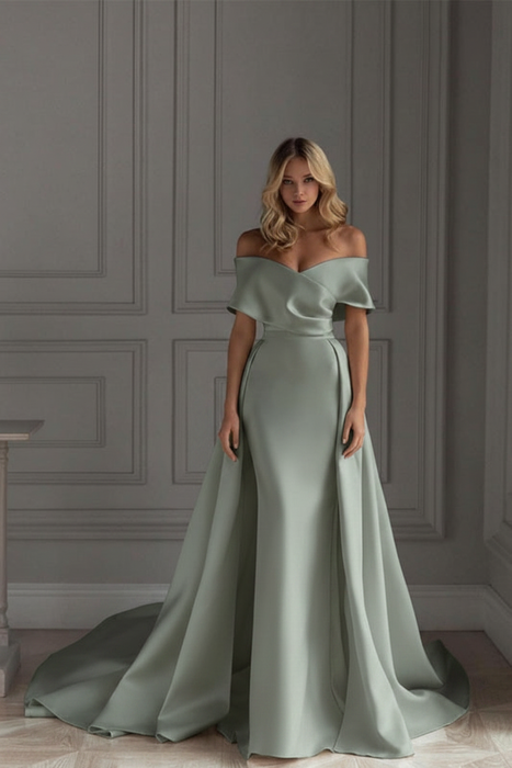 Dusty Sage Off-The-Shoulder Mermaid Prom Dress with Ruffles
