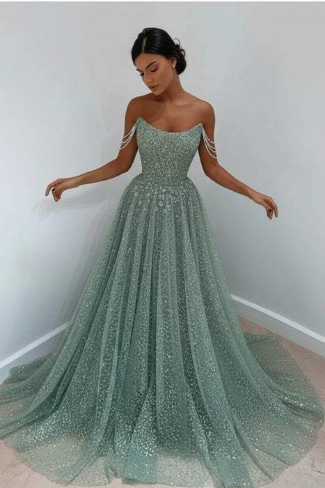 Dusty Sage Off-the-Shoulder Prom Dress Long with Sequins - Prom Dresses