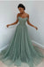 Dusty Sage Off-the-Shoulder Prom Dress Long with Sequins - Prom Dresses