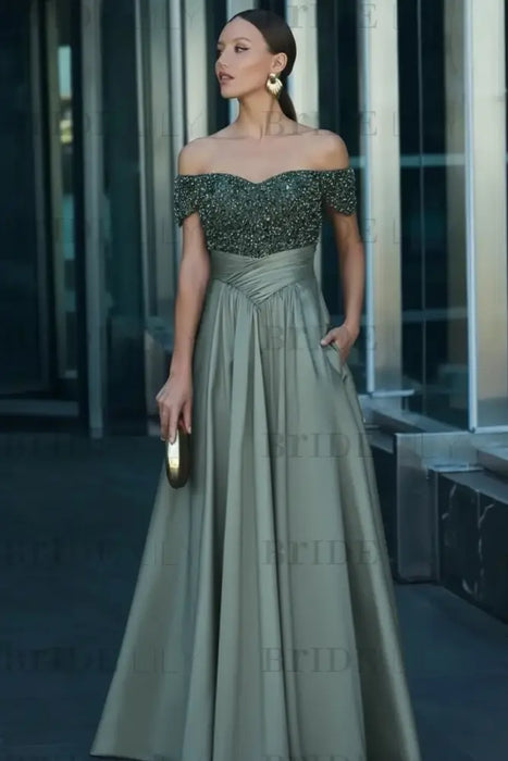 Dusty Sage Off-the-Shoulder Satin Aline Formal Dress with Beadings