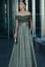 Dusty Sage Off-the-Shoulder Satin Aline Formal Dress with Beadings