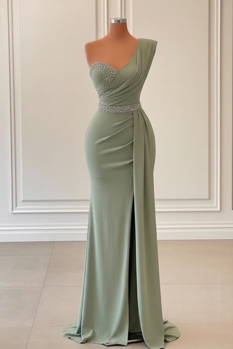 Dusty Sage One-Shoulder Split Mermaid Prom Dress With Beadings