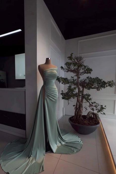 Dusty Sage Pearl Strapless Prom Dress with Long Slit