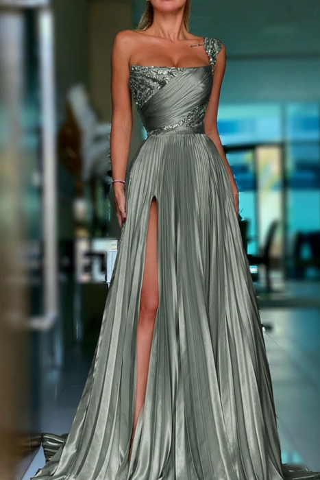 Dusty Sage Pleated A-Line One Shoulder Prom Dress Gown with Front Split - Prom Dresses