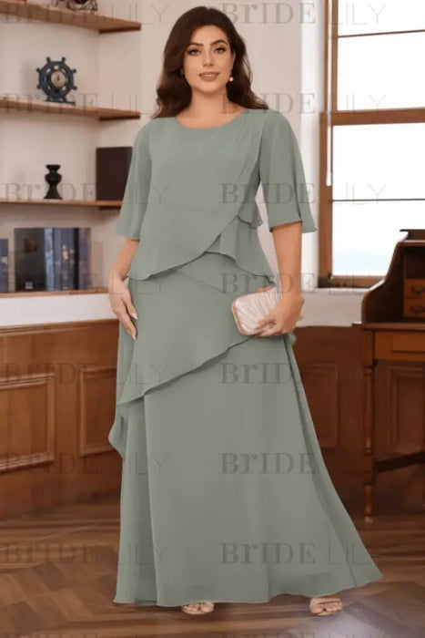 Dusty Sage Plus Size Ruffles Chiffon Mother of the Bride Dress Scoop Neck with Half Sleeves