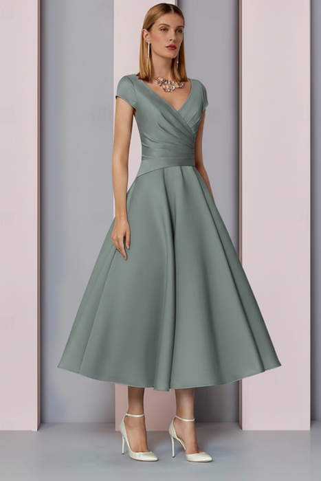Dusty Sage Satin A-Line Mother of the Bride Dress V Neck Tea Length Wedding Guest Dress - Prom Dresses