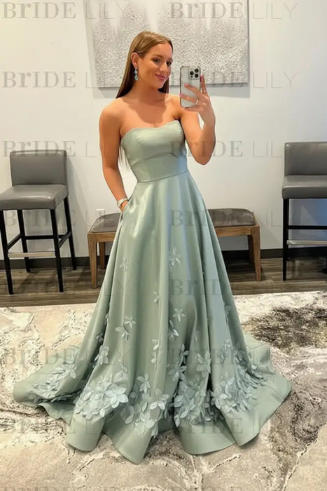 Light Blue Satin A-Line Prom Dress 3D Flowers & Pocket