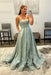 Dusty Sage Strapless Satin Long Prom Dresses with 3D Flowers
