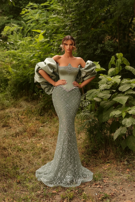 Dusty Sage Satin Mermaid Evening Gown Beadings Floor Length Party Dress with puffy Sleeves