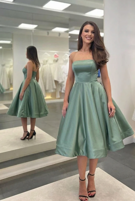 Dusty Sage Satin Strapless Prom Dress