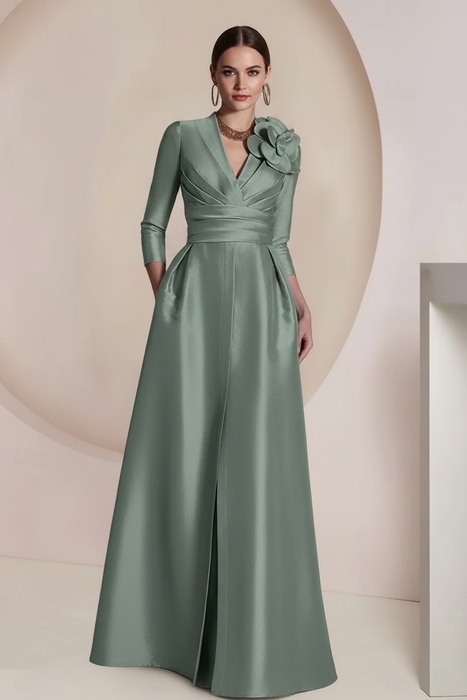 Dusty Sage Satin V-Neck Mother of the Bride Dress with 3/4 Sleeves with Split Front