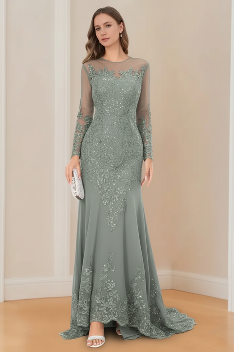 Dusty Sage Long-Sleeved Scoop Neck Mermaid/Trumpet Mother of the Bride Dress with Applique
