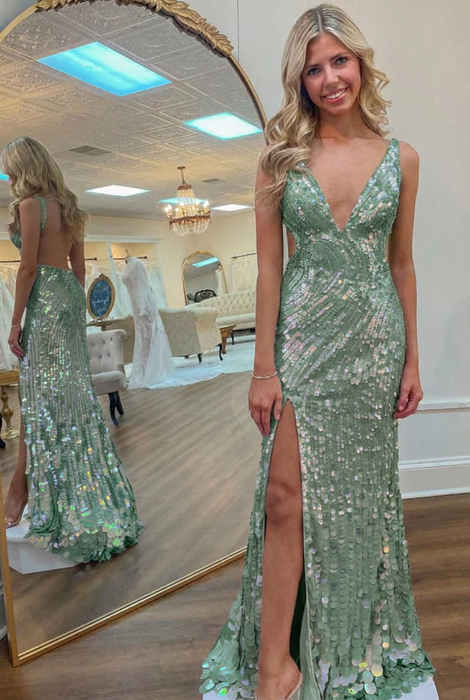 Dusty Sage Sequins V Neck Backless Sleeveless High Slit Prom Dress
