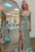Dusty Sage Sequins V Neck Backless Sleeveless High Slit Prom Dress