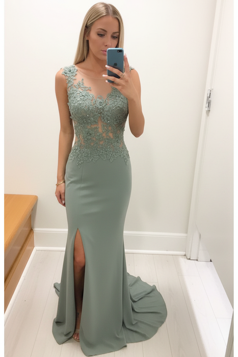 Dusty Sage Sheath/Column Scoop Sleeveless Applique Chiffon Dresses - Prom Dresses