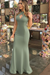 Dusty Sage Sheath Sleeveless Halter Floor-Length With Ruffles Satin Dresses - Prom Dresses