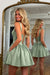 Sage Green Satin Corset Homecoming Dress with Pockets