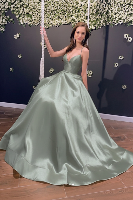Dusty Sage Simple A Line V Neck Backless Yellow Long Prom Dresses