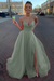 Dusty Sage Simple A Line V Neck Tulle Long Prom Dresses with High  Split