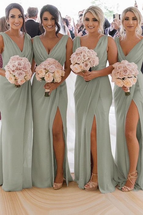 Dusty Sage Simple V Neck Sleeveless Sheath Pleated Chiffon Bridesmaid Dress with Split