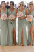 Dusty Sage Simple V Neck Sleeveless Sheath Pleated Chiffon Bridesmaid Dress with Split