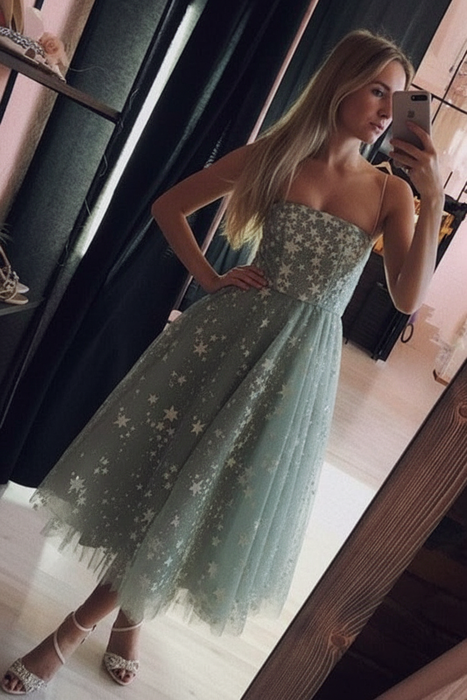Dusty Sage Spaghetti Strap Tea Length Tulle Homecoming Dress Midi Prom Dresses - Prom Dresses
