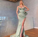 Dusty Sage Spaghetti-Straps Mermaid Prom Dress with Split, Beadings, and Ruffles