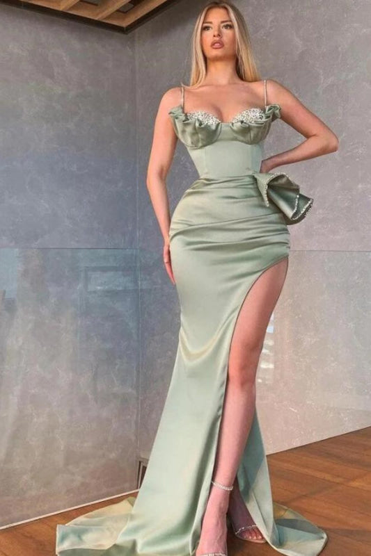 Dusty Sage Spaghetti-Straps Mermaid Prom Dress with Split Beadings Ruf ...