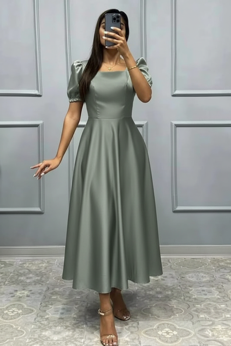 Dusty Sage Square Neck A-Line Prom Dress with Short Sleeves